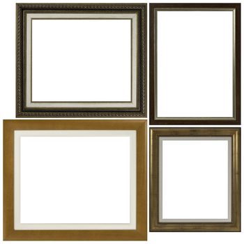 Four antique picture frames isolated on white background.