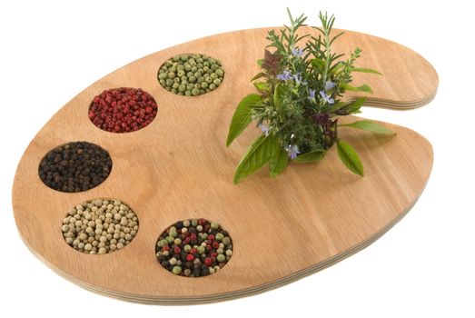 Spice and herb palette ready for the master chef to create new culinary delights. (variety of peppercorns and herbs on artist's palette)