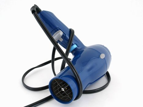 A blue hair dryer with a black cord isolated on a white background.