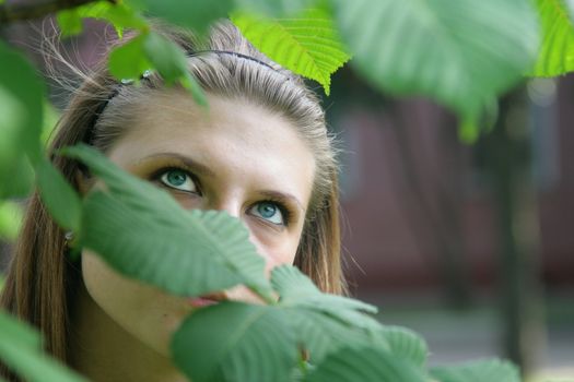 The blue-eyed girl admires green leaves