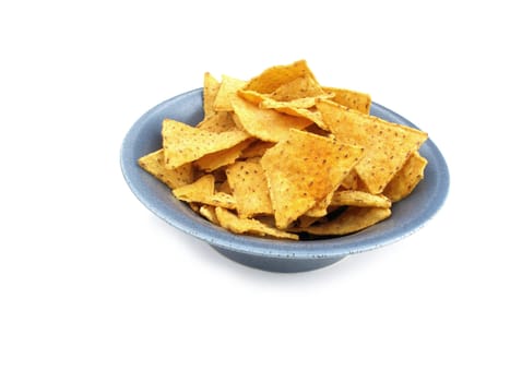 Bowl with tortilla chips isolated on white.