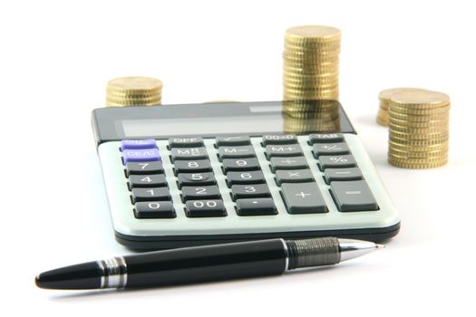 calculator pen and money isolated on white background business and finance concepts
