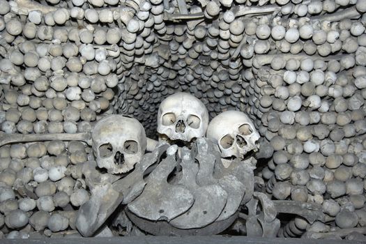 The Sedlec Ossuary is a small Roman Catholic chapel, located beneath the Cemetery Church of All Saints in Sedlec, a suburb of Kutna Hora in the Czech Republic. The ossuary is estimated to contain the skeletons of between 40 000 and 70 000 people, many of whom have had their bones artistically arranged to form decorations and furnishings for the chapel.
Sedlec, Czech republic.
