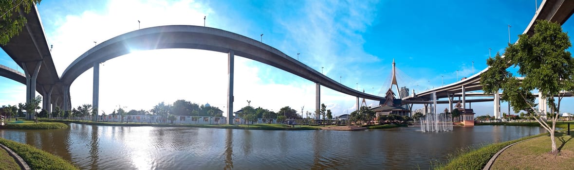 Panorama of Bhumibol Bridge also casually call as Industrial Ring Road Bridge, Samut Prakarn,Thailand