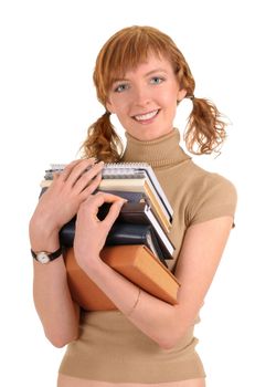 girl holding a book on white background