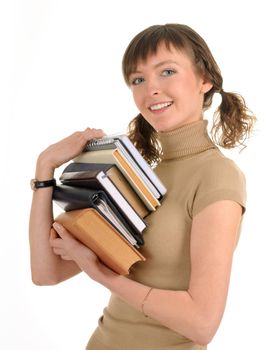 girl holding a book on white background