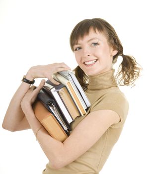 girl with a pile of books on white background