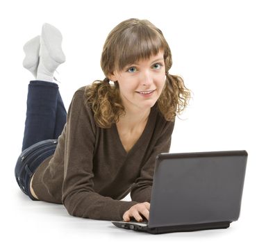 girl (student) with a laptop on a white background