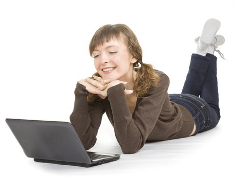 girl (student) with a laptop on a white background