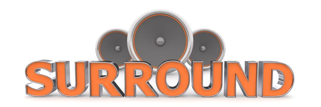 word SURROUND with three speakers in background - orange