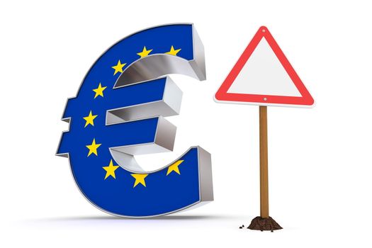 shiny metallic Euro symbol with a European Union flag on it's front - a red and white  triangular warning sign stands next to it