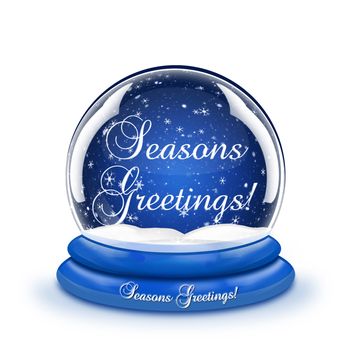 A snow globe with the words Seasons Greetings inside.