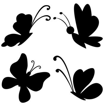 butterflies with opened wings, black silhouettes on white background