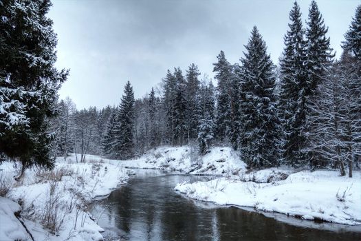 river flowing through forest in winter