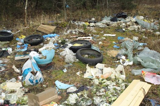 wild refuse heap left near the road throws litter about