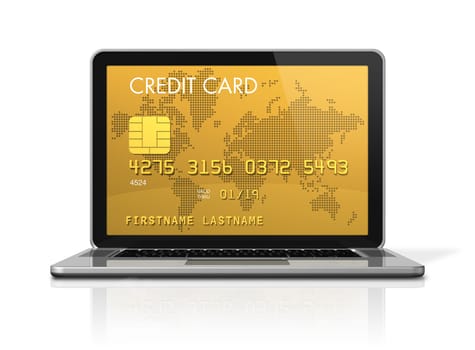 3D render of a gold credit card on a laptop screen- isolated on white with 2 clipping paths : one for global scene and one for the screen