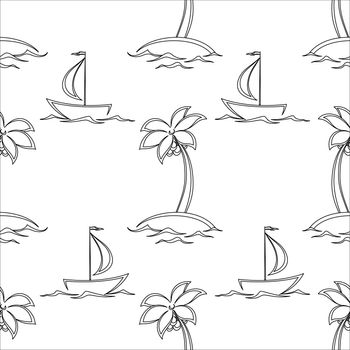 seamless background, contours: sea, islands with palm trees and sailing ships