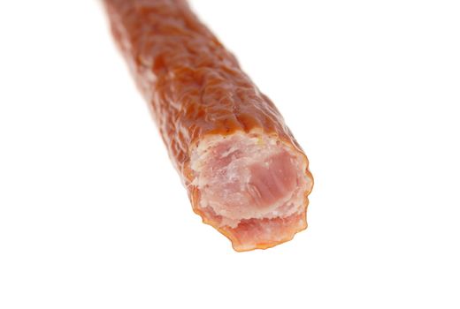 Thin smoked pork sausages photo on the white background