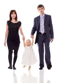 Happy Family walking together isolated on white