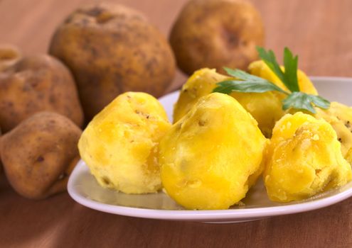 Peruvian yellow potato cooked and raw (Selective Focus, Focus on the first cooked potato)