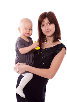 Mother with daughter posing together isolated on white