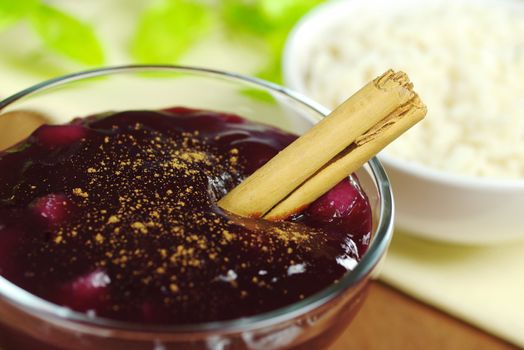 A traditional Peruvian dessert called Mazamorra Morada made out of purple corn and seasoned with cinnamon with rice pudding in the background (Selective Focus, Focus on the cinnamon stick)