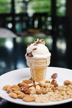 Ice cream on a plate with mix nuts