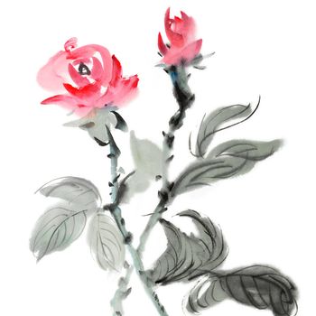 Chinese traditional ink painting of red flowers on white background.