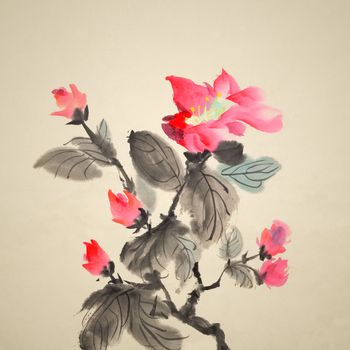 Chinese traditional ink painting of red flowers on art paper.