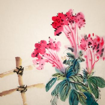 Chinese traditional ink painting of red flowers on art paper.