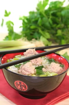 Thai rice soup with meat balls, rice and spring onions