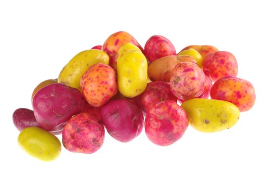 Ulluco (lat. Ullucus tuberosus), a colorful root crop form the Andean region, isolated on white (Selective Focus, Focus on the front)