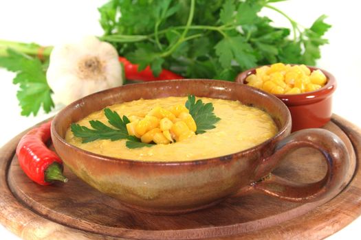 Corn soup with garlic, sweet corn, chilli and coriander