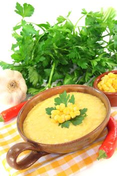 Corn soup with garlic, sweet corn, chilli and coriander