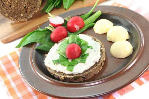 Wild garlic Bread with Cream cheese, wild garlic and radishes