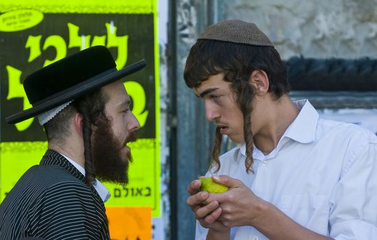 JERUSALEM - OCT 10 : An ultra-orthodox Jewish man sell  "Etrog"   in the "Four spesies" market in Jerusalem Israel on October 10 2011 , Etrog is one of the "Four spesies"  used during the celebration of Sukot