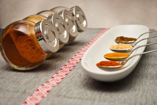 Spices in spoon on the tray