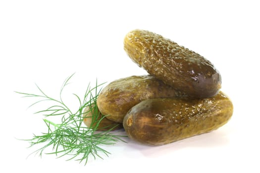 fresh pickled cucumbers with a sprig of dill on white background
