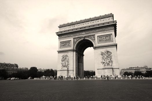 Wide angel shot of Arc de Triump in sepia