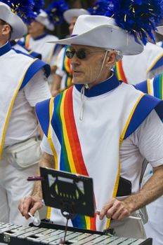 NEW YORK -  JUNE 26 : An unidentified participant celebrates gay pride parade after passing the same sex marrige bill in New York city on June 26 2011.