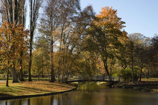 Pond in park in autumn with white bridge and colorful trees