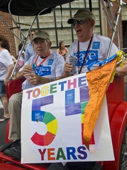 NEW YORK -  JUNE 26 : An unidentified  old gay couple celebrates gay pride parade after passing the same sex marrige bill in New York city on June 26 2011.