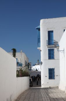 Sidi Bou Said - typical building with white walls, blue doors and windows