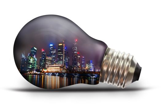 light bulb with city scape at night