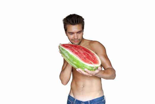 Portrait of young man surprised and look on watermelon