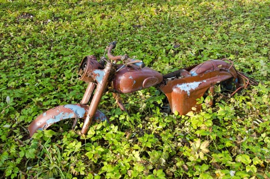 old and broken motorcycle in the autumn grass