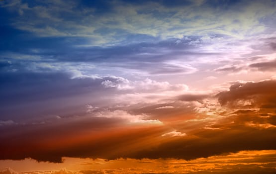 Beautiful sky with solar beams on a end of day. 