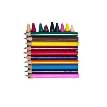 Color pencils arrange over crayons on white background