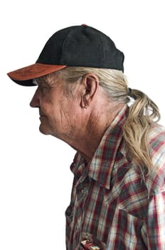 Mature male with a ball cap and a ponytail with a cigarette pack in his pocket.