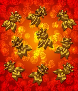 Golden Metallic Chinese Goldfish on Red Blurred Background Illustration